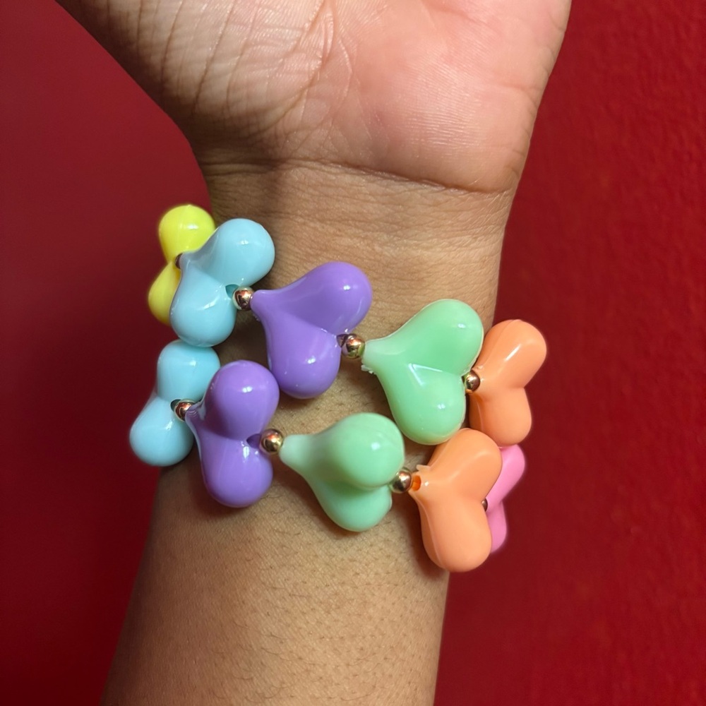Rainbow Colorful 2 piece Heart Bead Bracelet Set